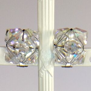Faceted AB Crystal Wire Wrapped Square Shaped Clip-On Earrings Vintage